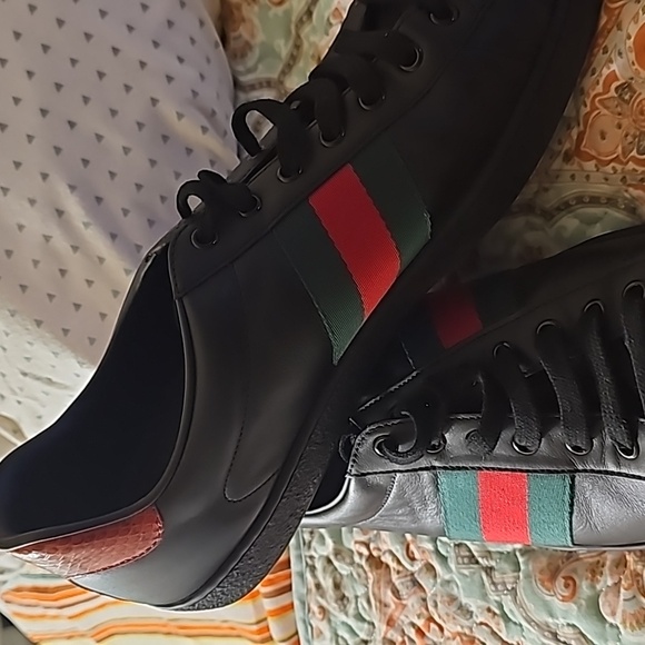 Gucci Ace Black Leather Python Embossed Leather Lace Up Sneakers Men size12 - Picture 2 of 7